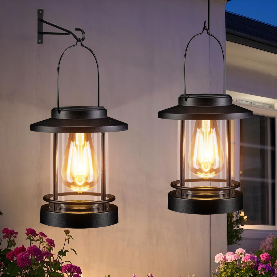 Pearlstar hanging solar lanterns glow at dusk, creating cozy outdoor evenings.