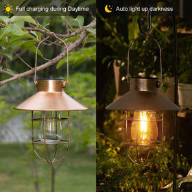Pearlstar solar lantern side view highlights textured metal finish and farmhouse style