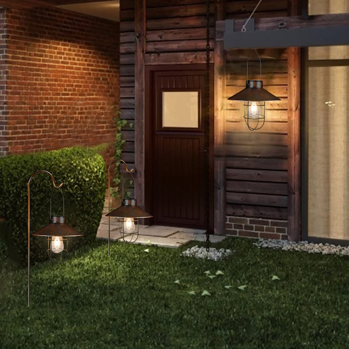 Pearlstar lantern hanging on a patio branch demonstrates versatile placement
