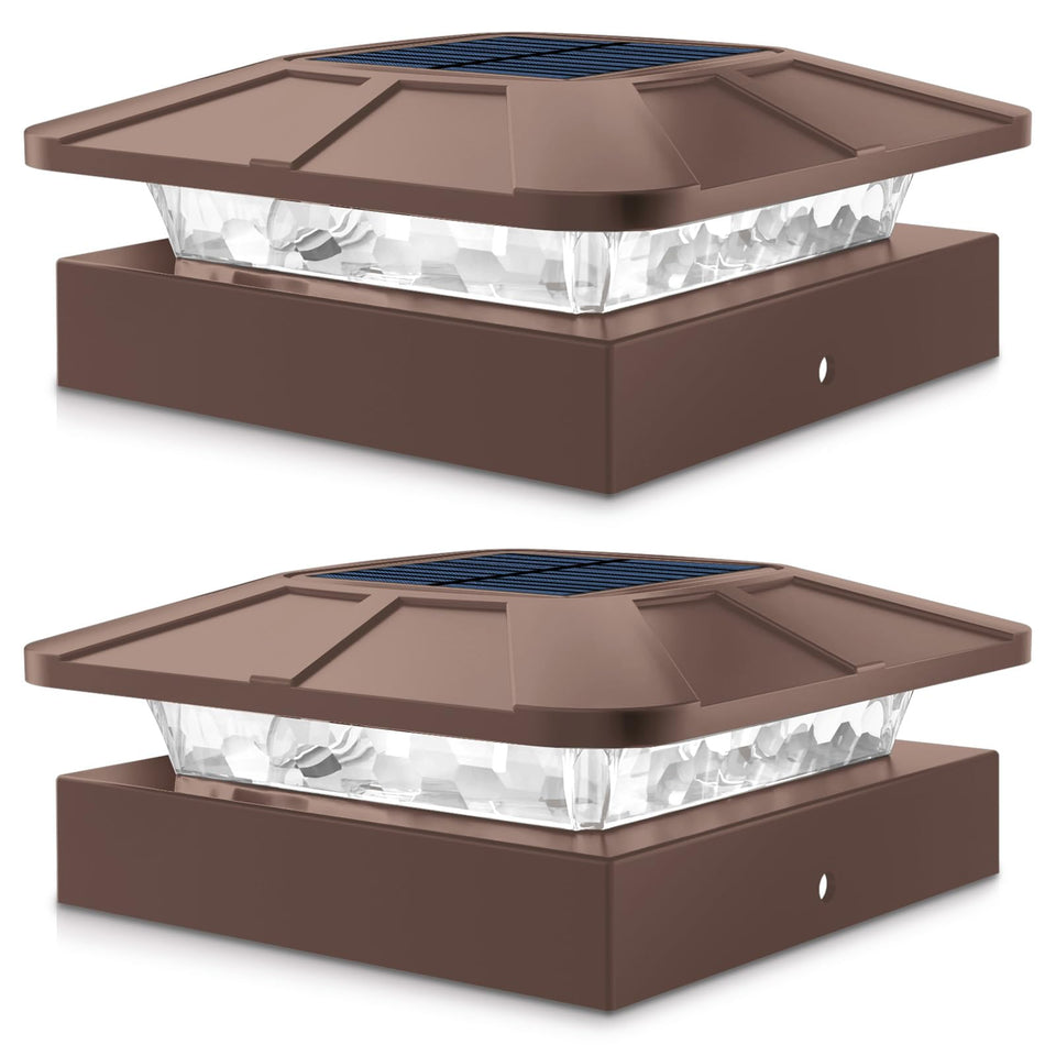 Peasur 4x4 solar post cap light on brown post for garden path illumination