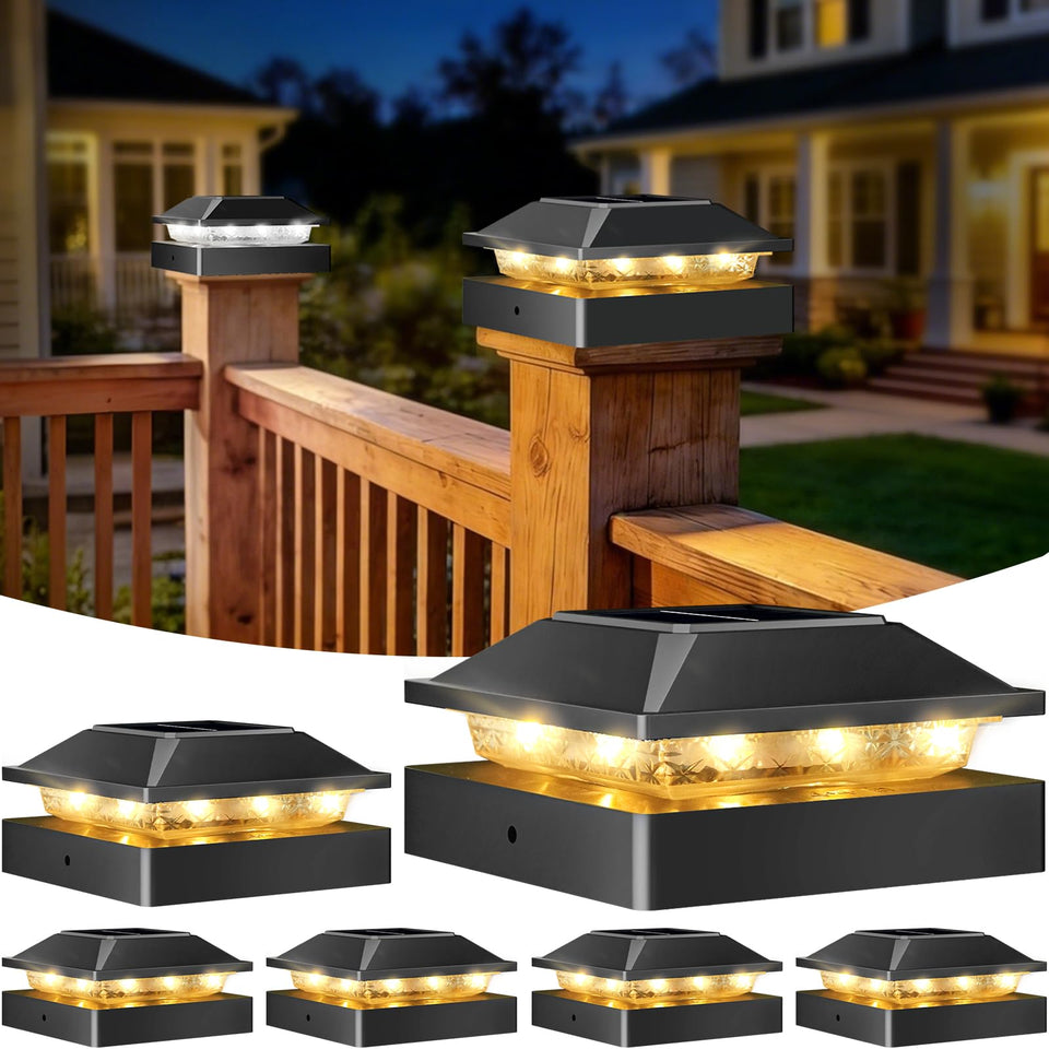 Peasur 4x4 post cap light on a fence post adds warm, welcoming porch ambiance