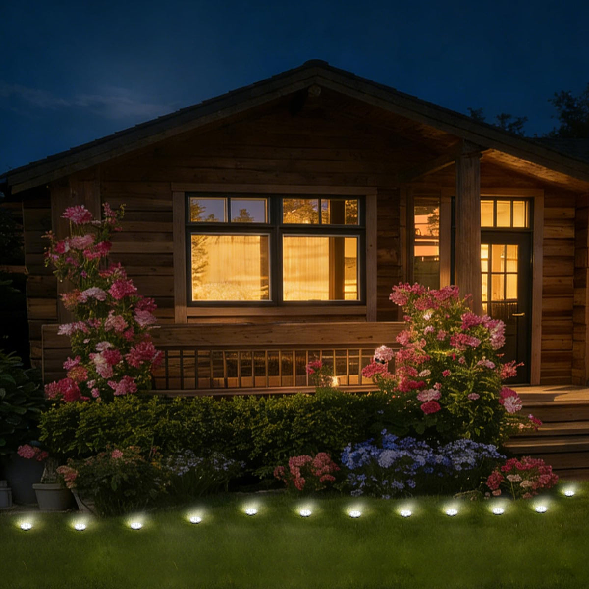 Peasur flat solar disc light enhances driveways and lawns softly