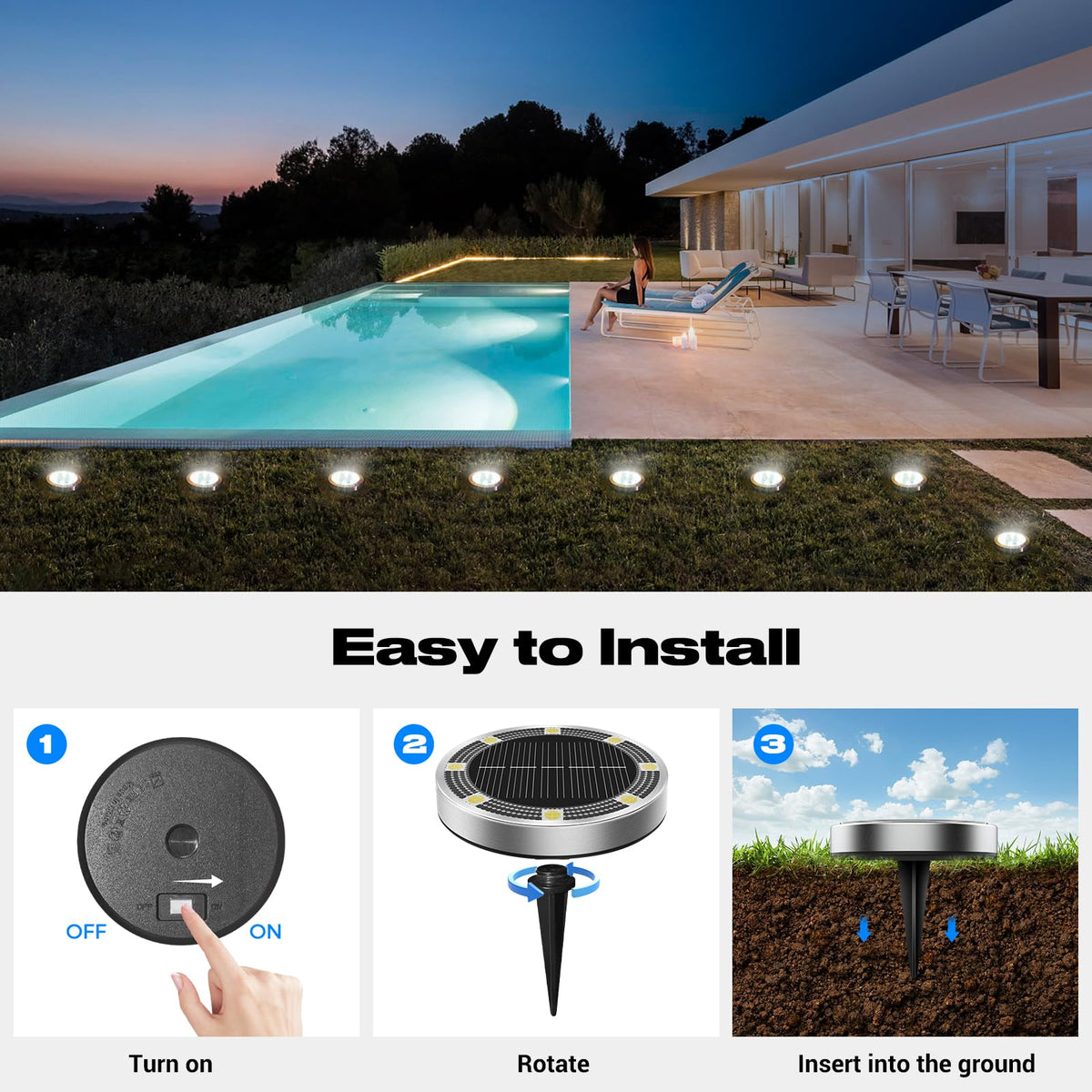 Peasur solar disc light lawn creates subtle ambient lighting along borders.
