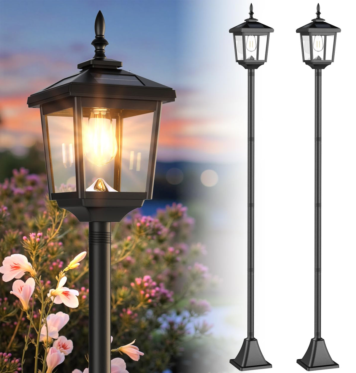 PEATOP 68-inch solar lamp post light front view with warm 2700K glow
