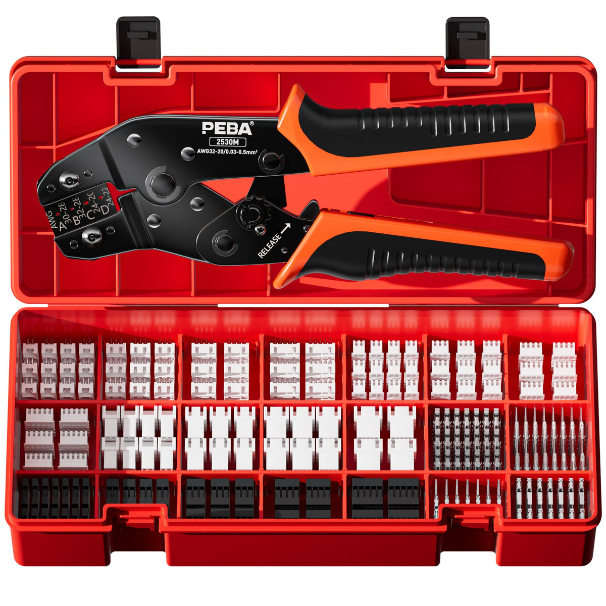 PEBA crimping tool closeup with precise jaws for clean, consistent crimps.