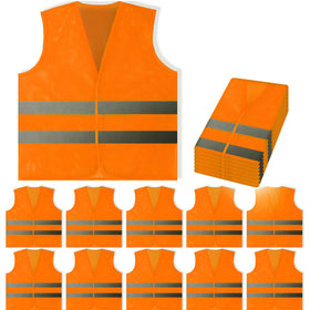 PeerBasics safety vest bulk pack front view with bright orange high-visibility fabric.