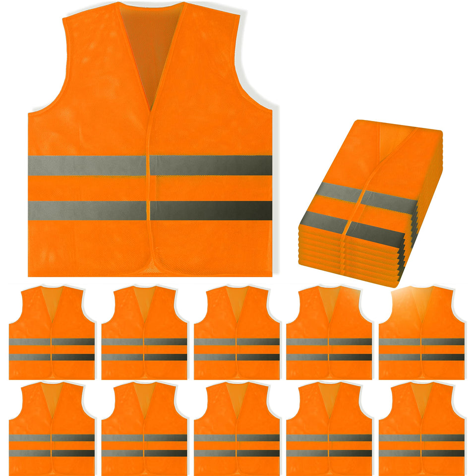 PeerBasics safety vest bulk pack front view with bright orange high-visibility fabric.