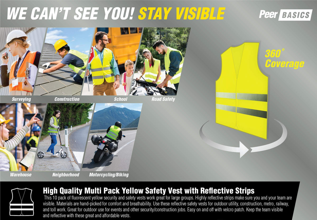 PeerBasics safety vest bulk pack packaging shows content for teams.