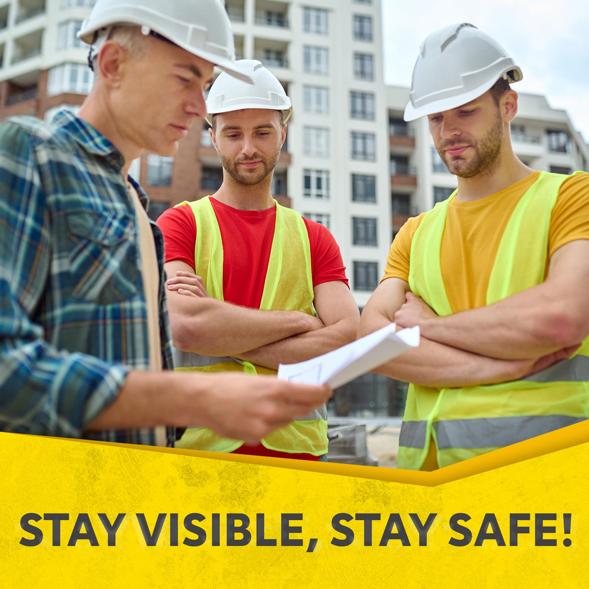 PeerBasics safety vest back view with full wrap reflective strips for night use