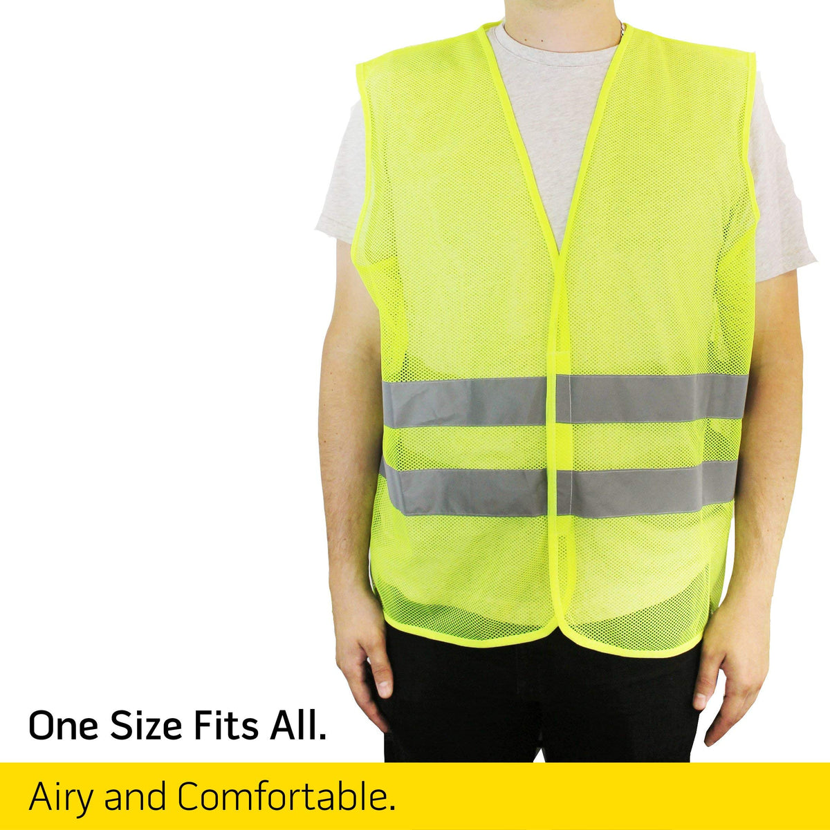PeerBasics yellow vest side view highlights breathable mesh fabric for hot conditions.