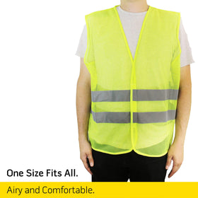 PeerBasics yellow vest side view highlights breathable mesh fabric for hot conditions.