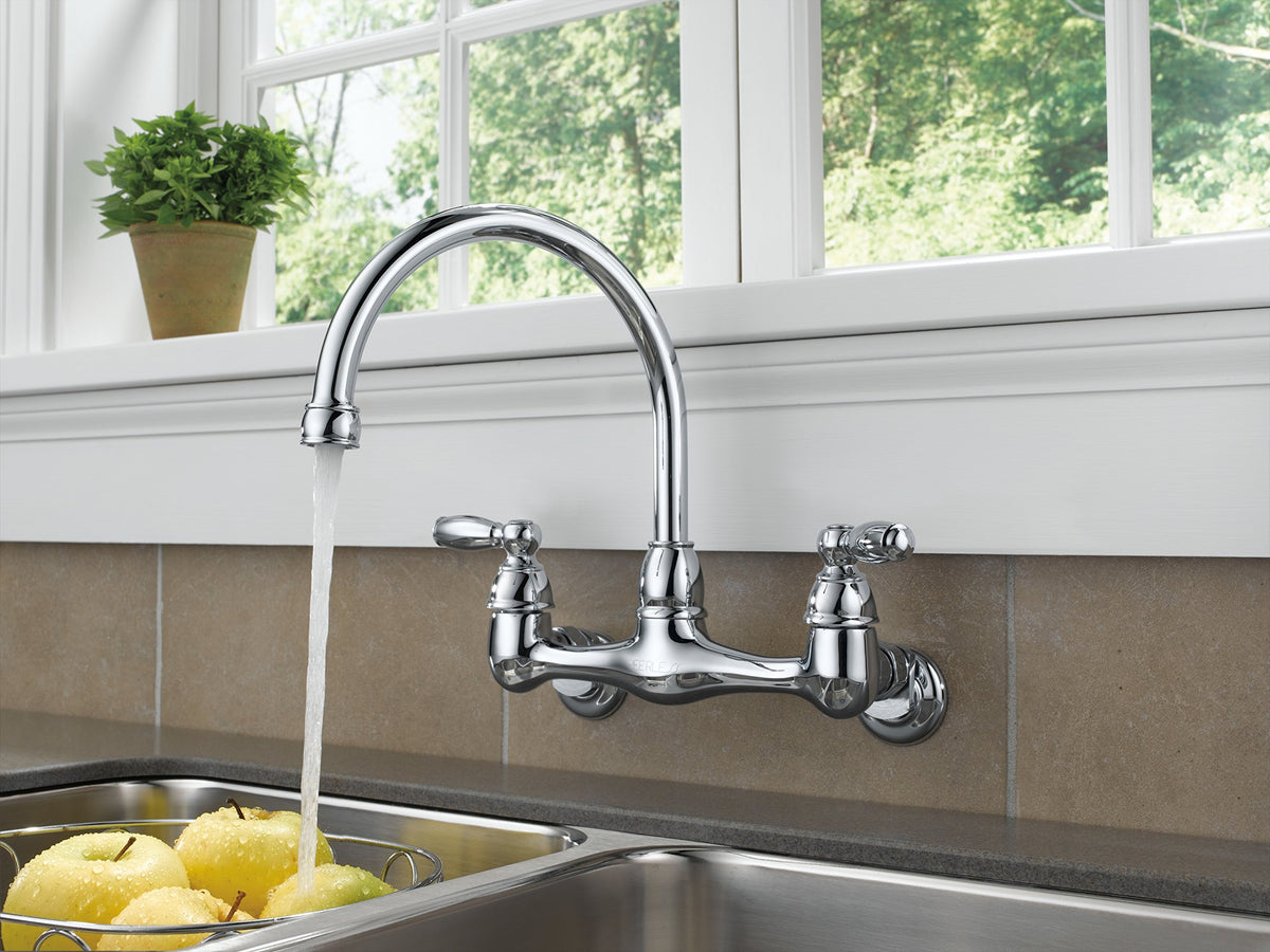 Peerless chrome faucet installation image, two-hole wall-mount setup for quick upgrade