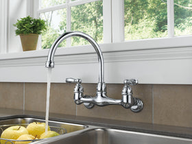 Peerless chrome faucet installation image, two-hole wall-mount setup for quick upgrade