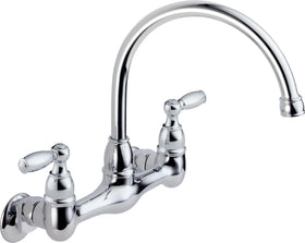 Peerless 2-handle wall-mount chrome faucet, side view, sleek modern kitchen design