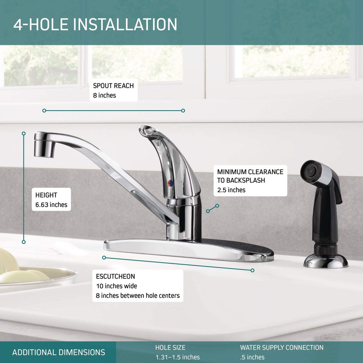 Peerless chrome faucet showcasing 360-degree swivel and low-arc design for easy use.
