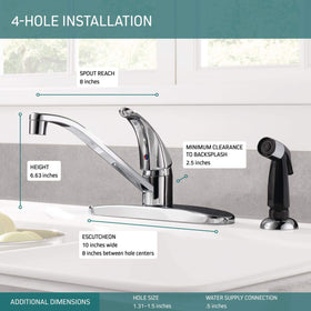 Peerless chrome faucet showcasing 360-degree swivel and low-arc design for easy use.