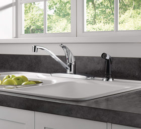 Peerless chrome faucet ready for 4-hole 8-inch installation.