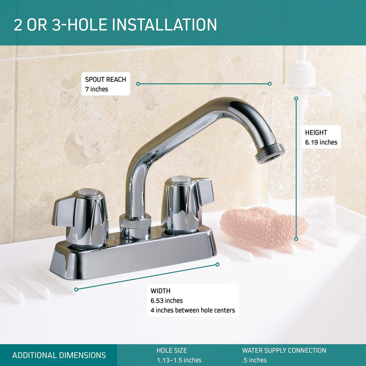 Fits 2-hole or 3-hole centerset configurations for quick retrofit.