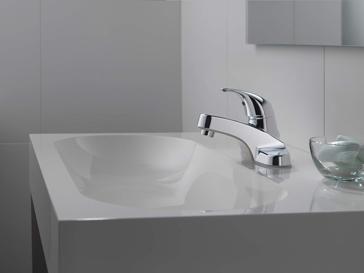 Peerless P131LF installation view, compatible with 3-hole 4-inch centerset sinks.