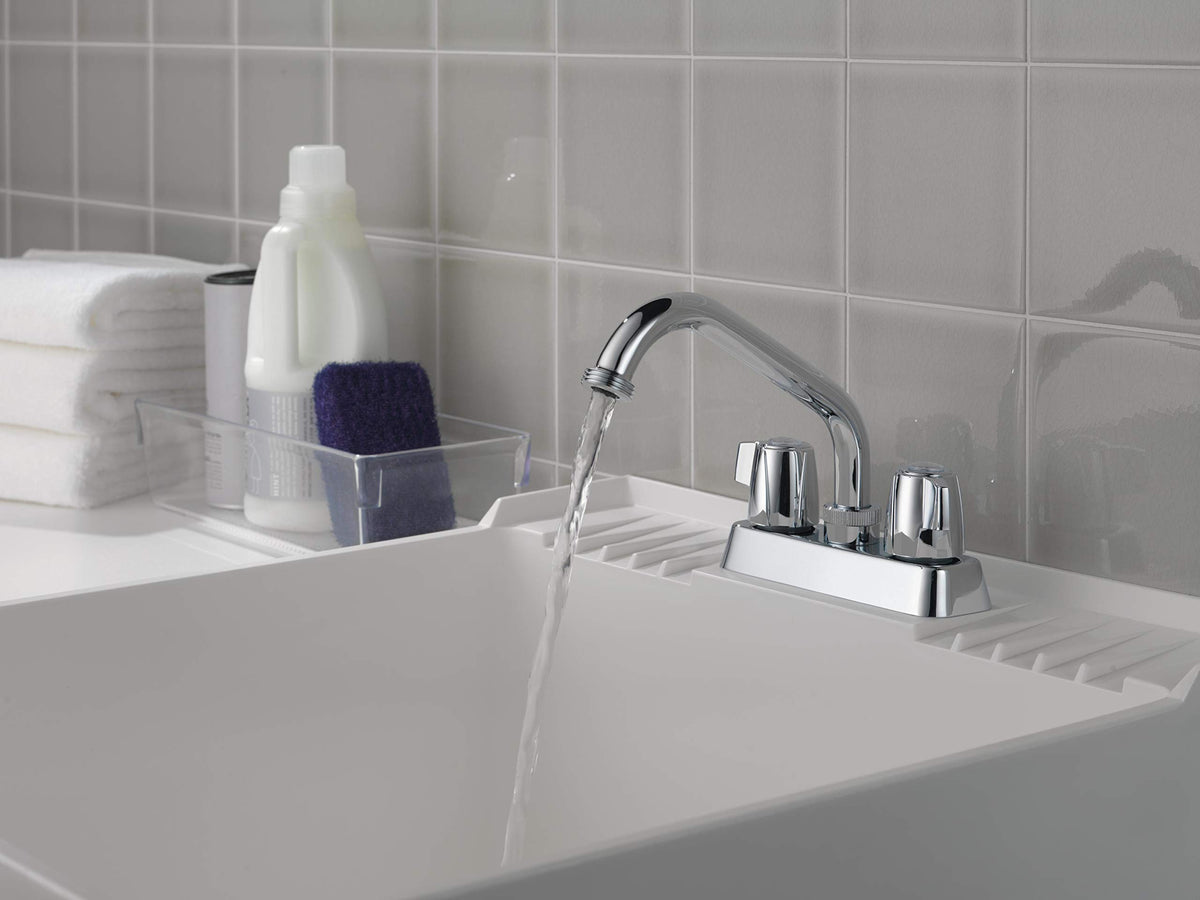 Threaded spout allows easy hose attachment for laundry tasks.