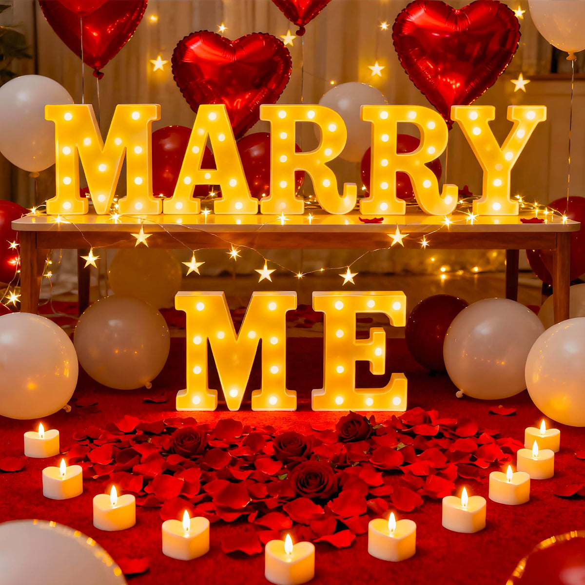 Peledic Marry Me letter sign lights up for a dramatic proposal ambiance.