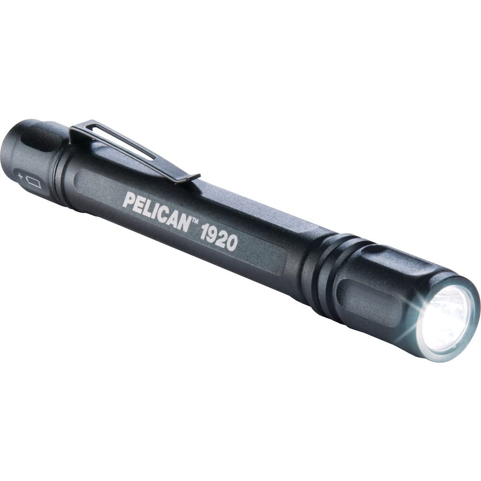 Pelican 1920B LED flashlight front view, bright beam for outdoor tasks.