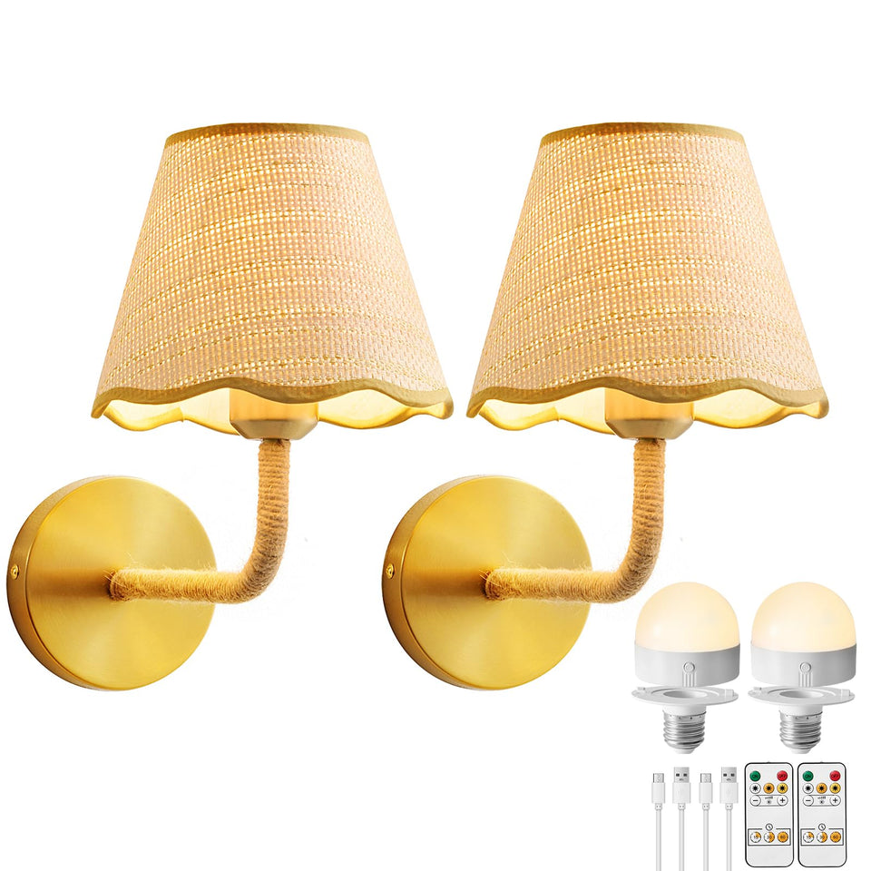 Penaciny battery-operated rattan wall sconce with grass shade for ambient bedroom lighting.