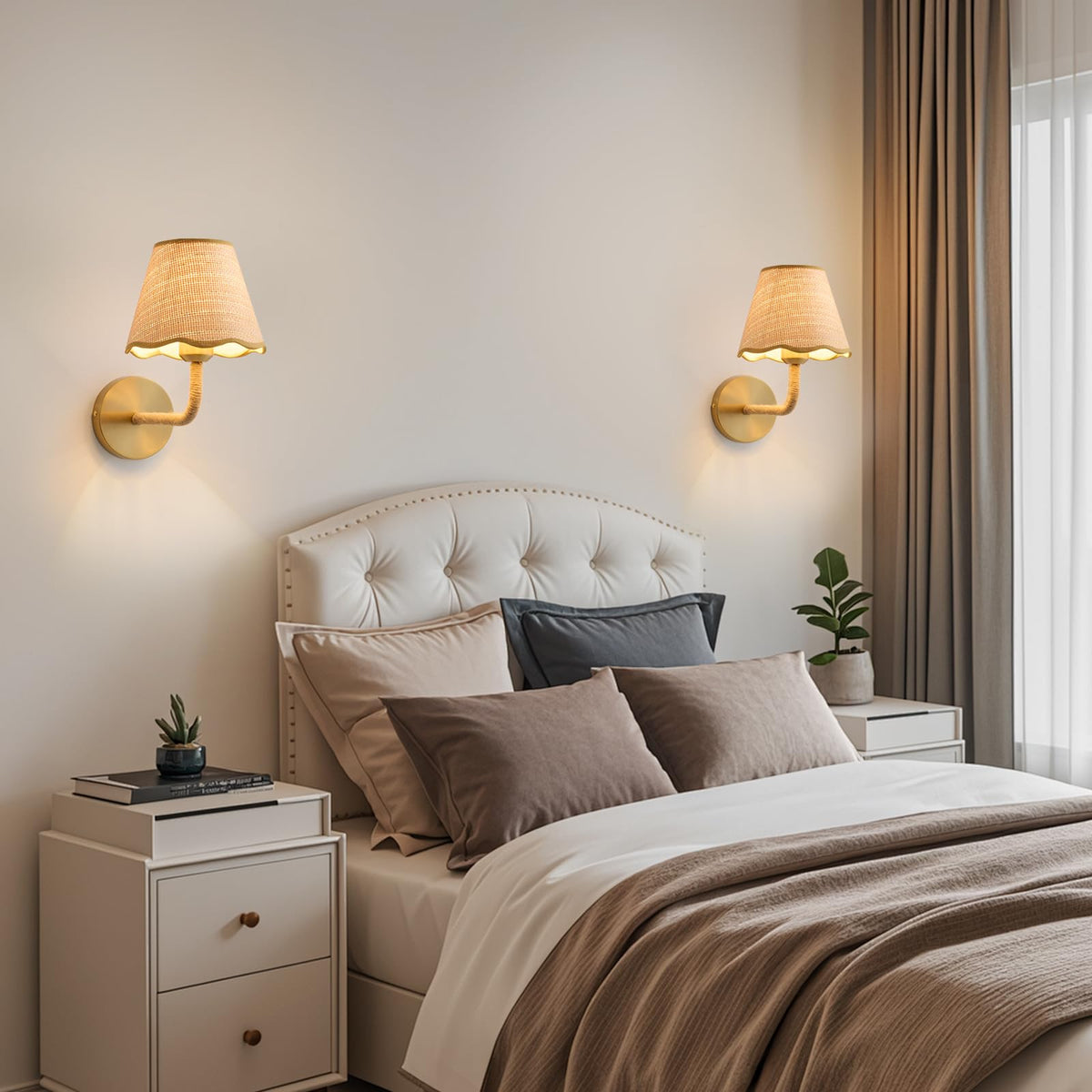 Penaciny wireless wall lamp features grass-woven shade for cozy living room glow.