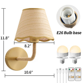 Penaciny rattan wall sconce with grass shade and hemp rope accent, indoor-safe.