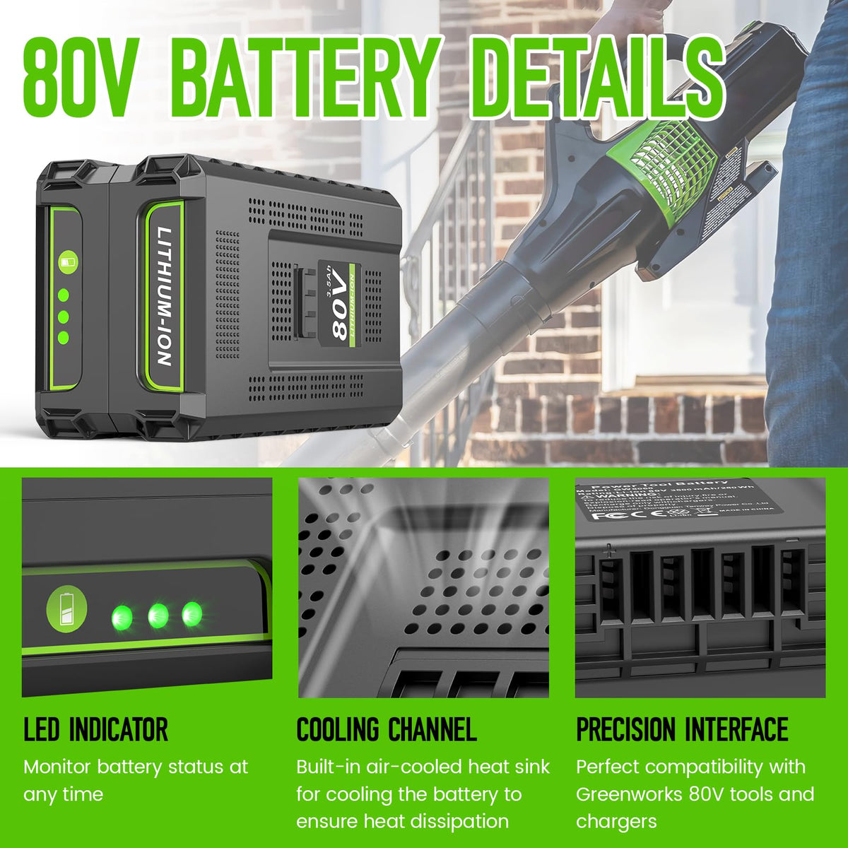 PENGJBATTER 80V battery packaging included and ready for Greenworks compatibility.