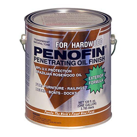 Penofin natural exotic hardwood finish bottle illustrates penetrating oil for durable wood protection.
