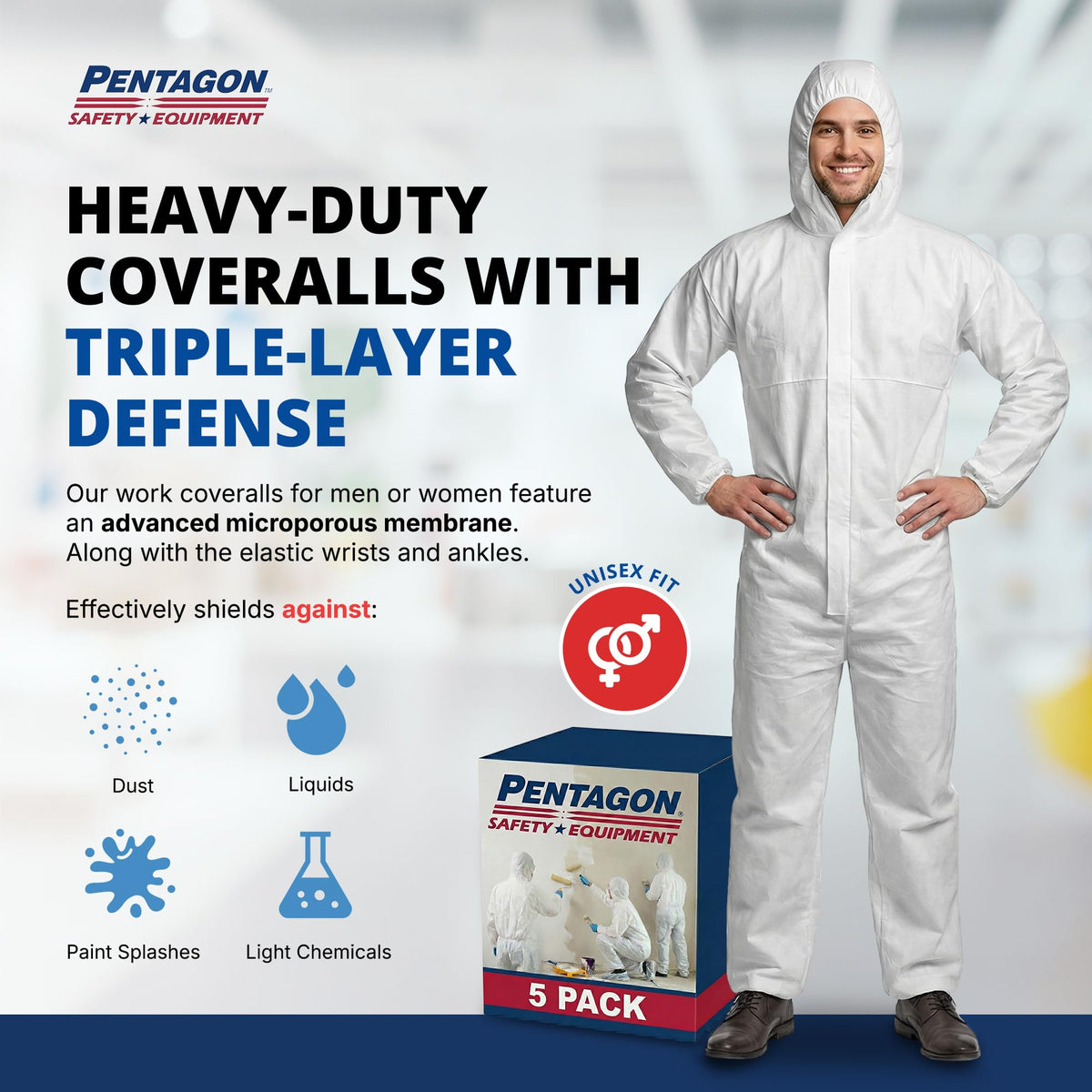 Pentagon Safety Equipment hooded hazmat suit provides full-body protection in harsh environments.