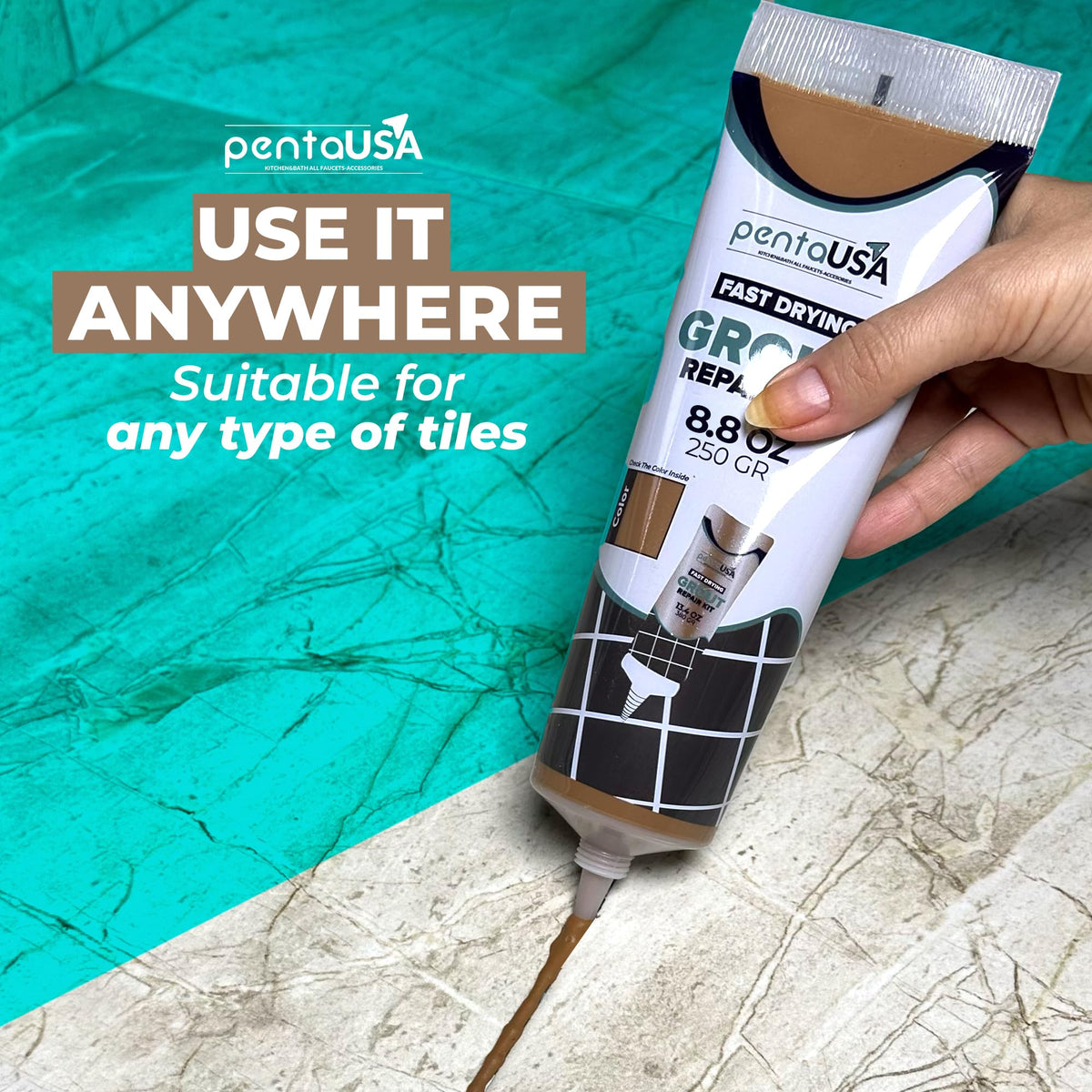 PentaUSA premixed sanded beige-brown grout in tube ready for fast repairs