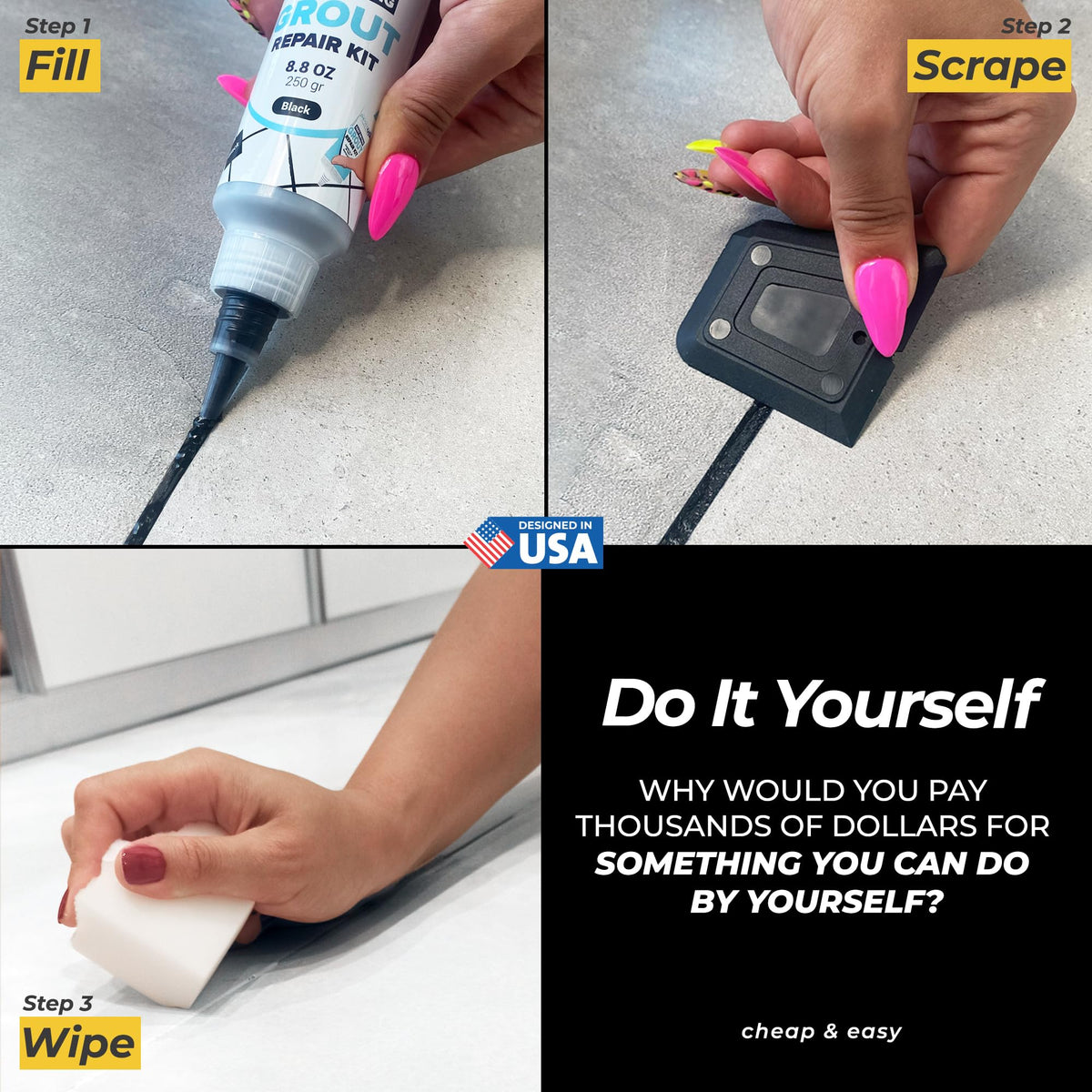 PentaUSA tile grout repair kit application spread on tile for seamless repairs
