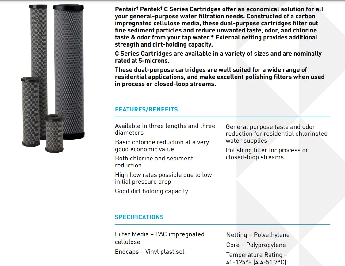 Close-up of the Pentek C1-20 cartridge showing external netting for strength and dirt-holding capacity.