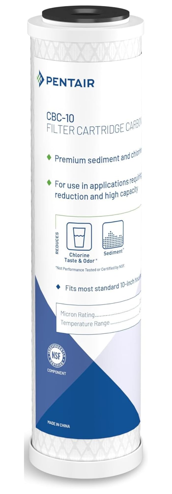 Pentek CBC-10 bonded PAC block close-up showing fine filtration capability.