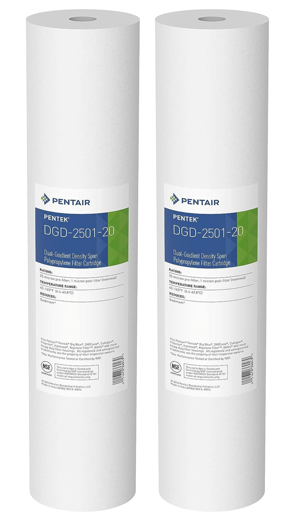 Pentek DGD-2501-20 front view, 1-micron sediment cartridge for whole-house filtration.