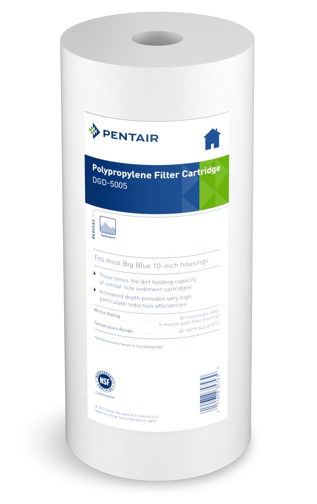 Pentair Pentek DGD-5005 Big Blue filter cartridge for sediment removal and appliance protection.