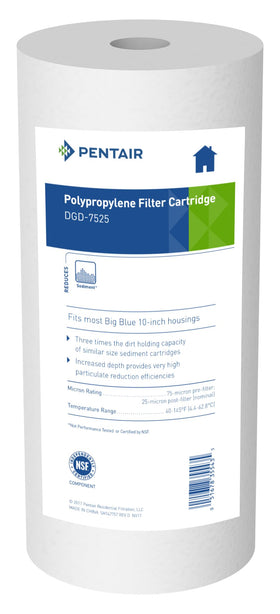 Pentek DGD-7525 dirt-particle capture visual showing sediment filtration.