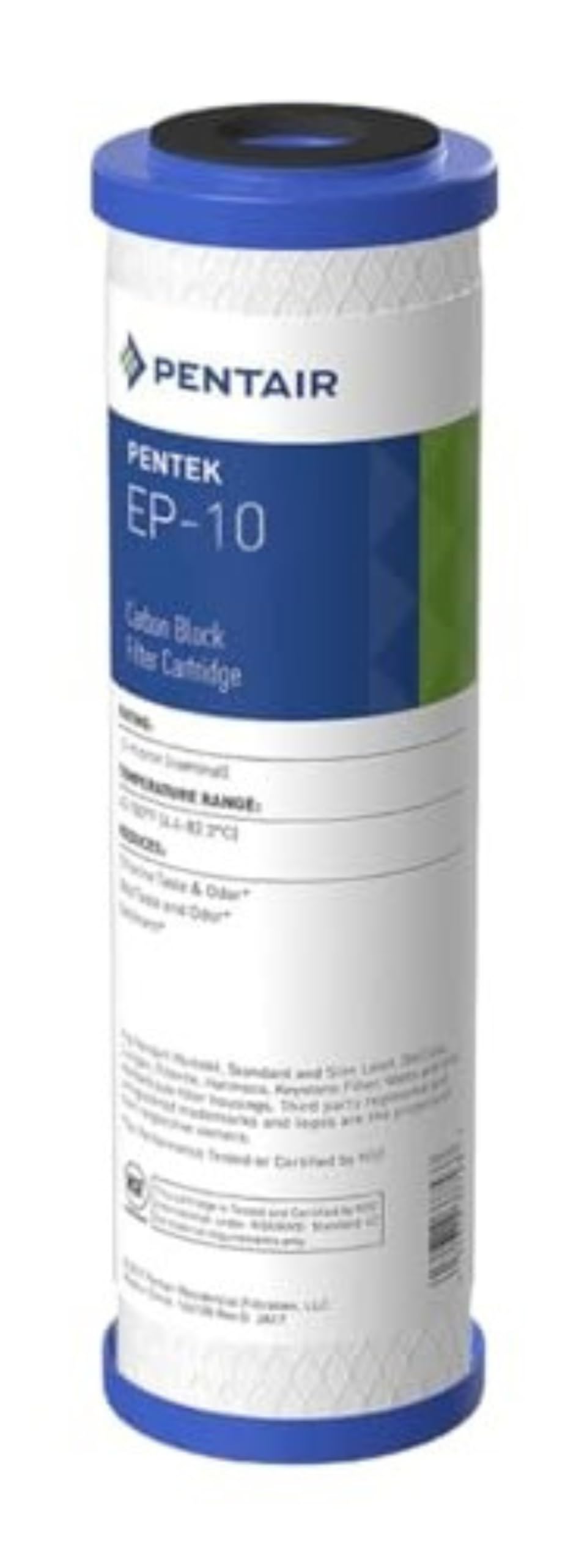 Pentek EP-10 carbon filter cartridge for 10-inch housings reduces chlorine taste and odor.