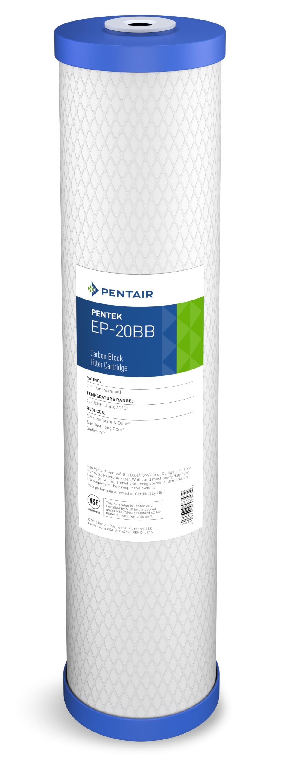 Pentek EP-20BB carbon block cartridge reduces chlorine taste and odor.