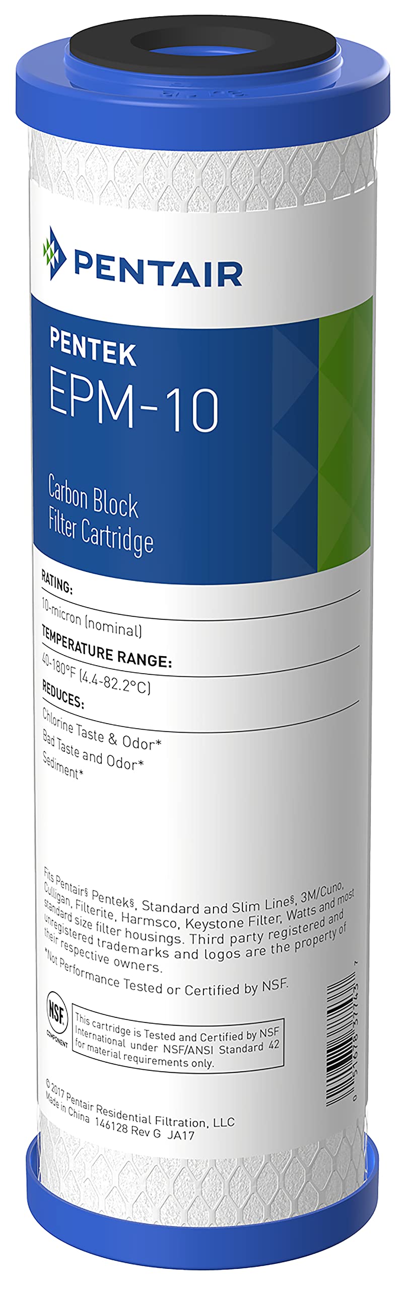 Pentek EPM-10 carbon filter cartridge improves taste and odor at the under-sink faucet.