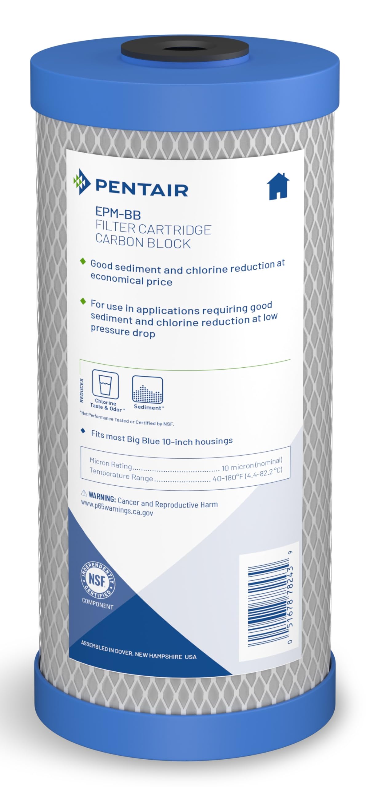 Pentek EPM-BB Big Blue carbon filter in housing reduces chlorine taste and odor.