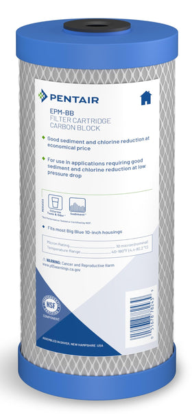Pentek EPM-BB Big Blue carbon filter in housing reduces chlorine taste and odor.