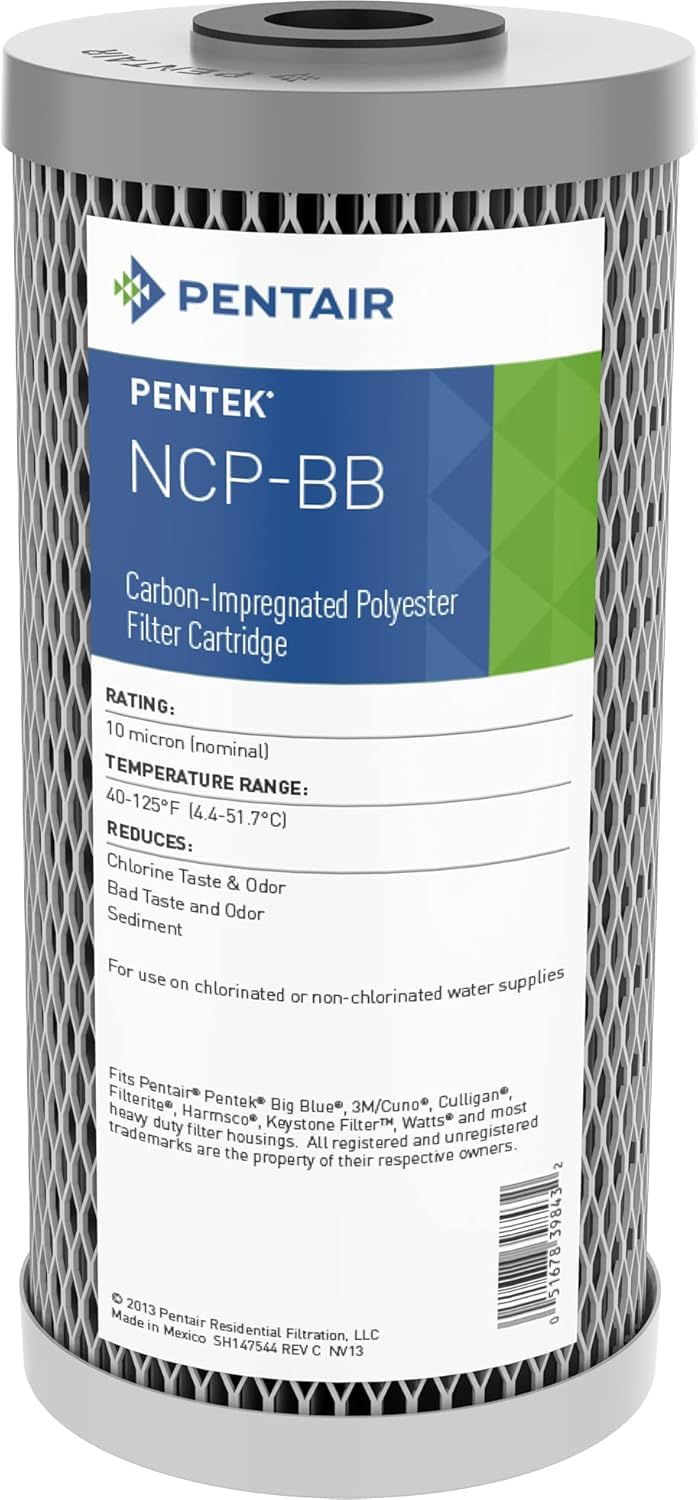 Pentek NCP-BB Big Blue carbon filter cartridge reduces sediment and chlorine taste.