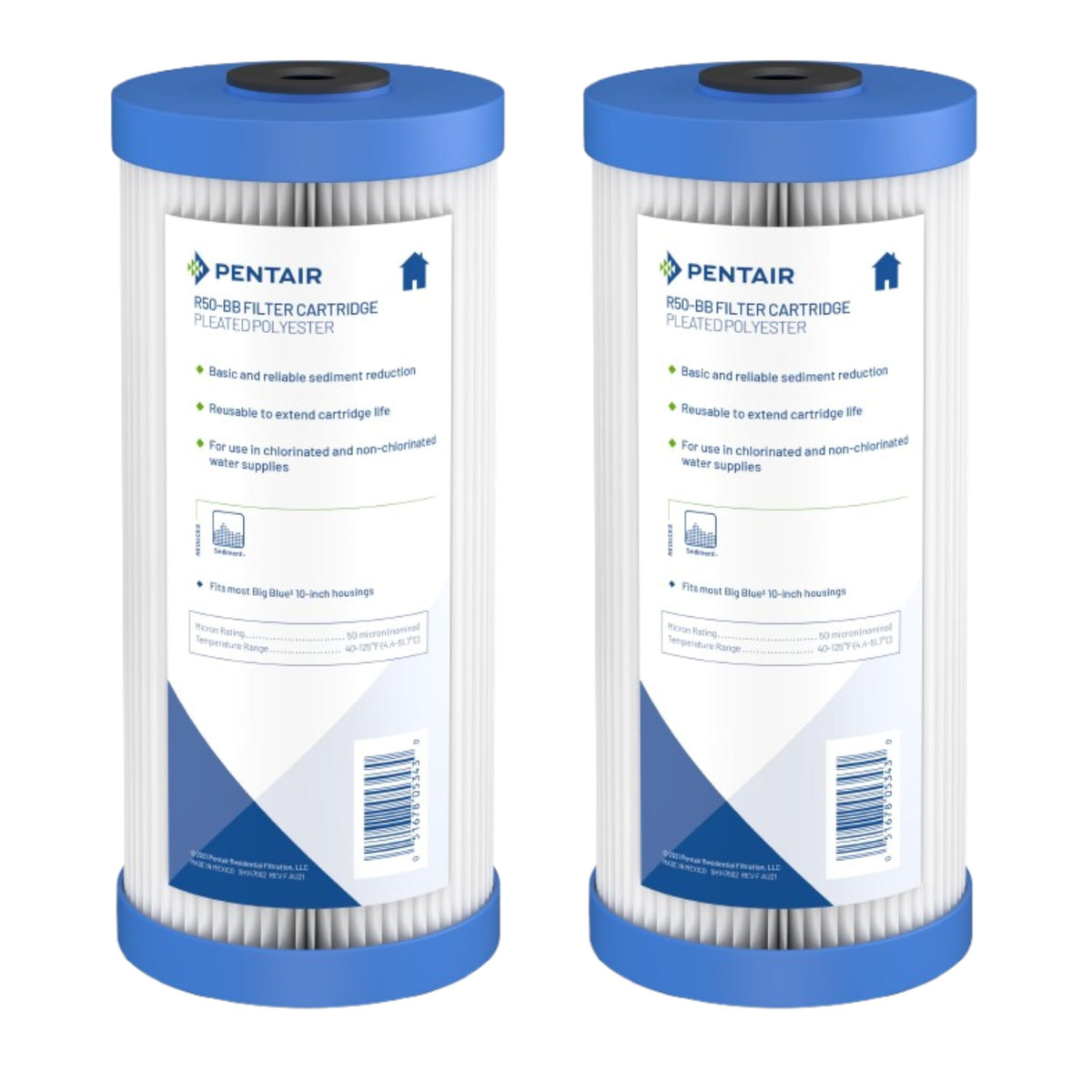 Pentek R50-BB Big Blue filter front view demonstrates durable housing and sediment reduction.