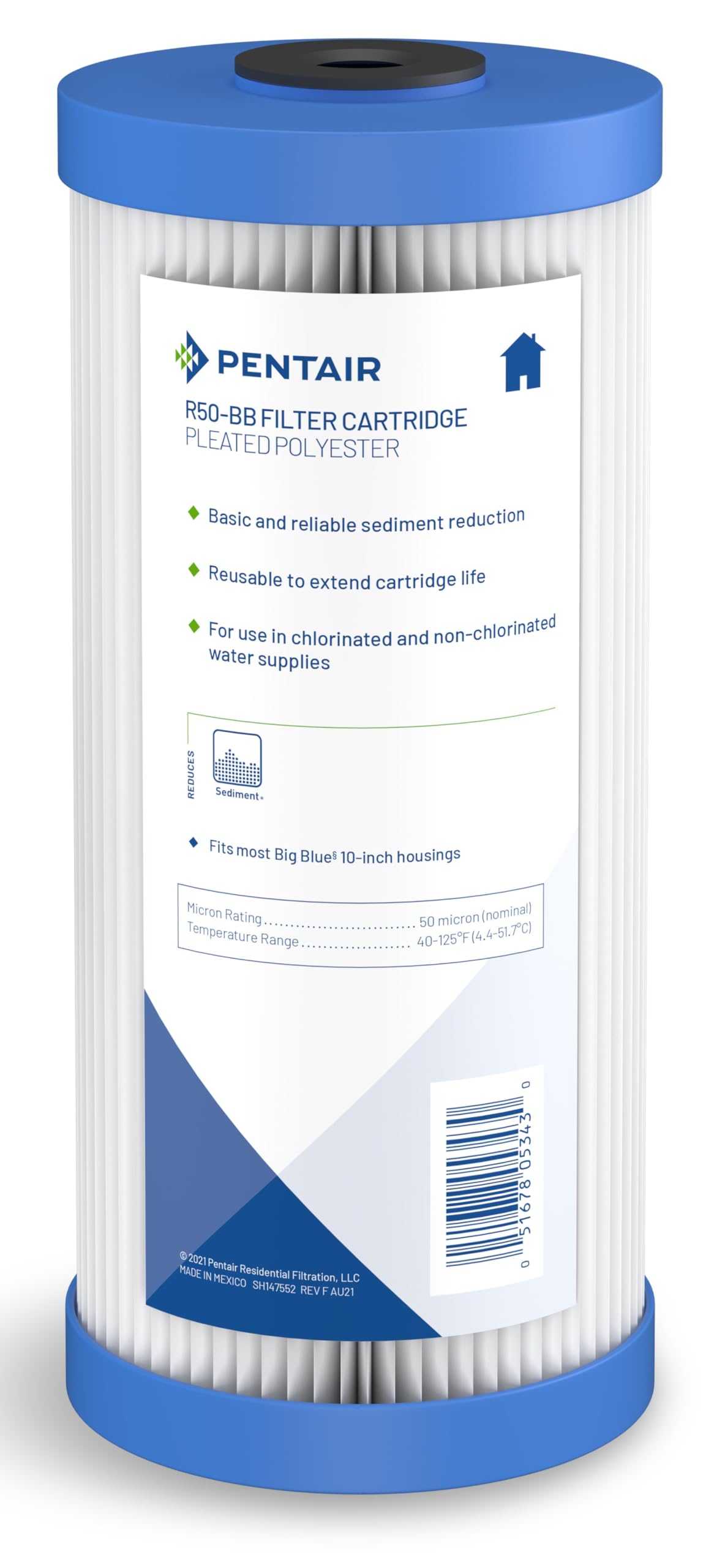 Pentek R50-BB Big Blue sediment filter for whole-house use reduces dirt for clearer water.