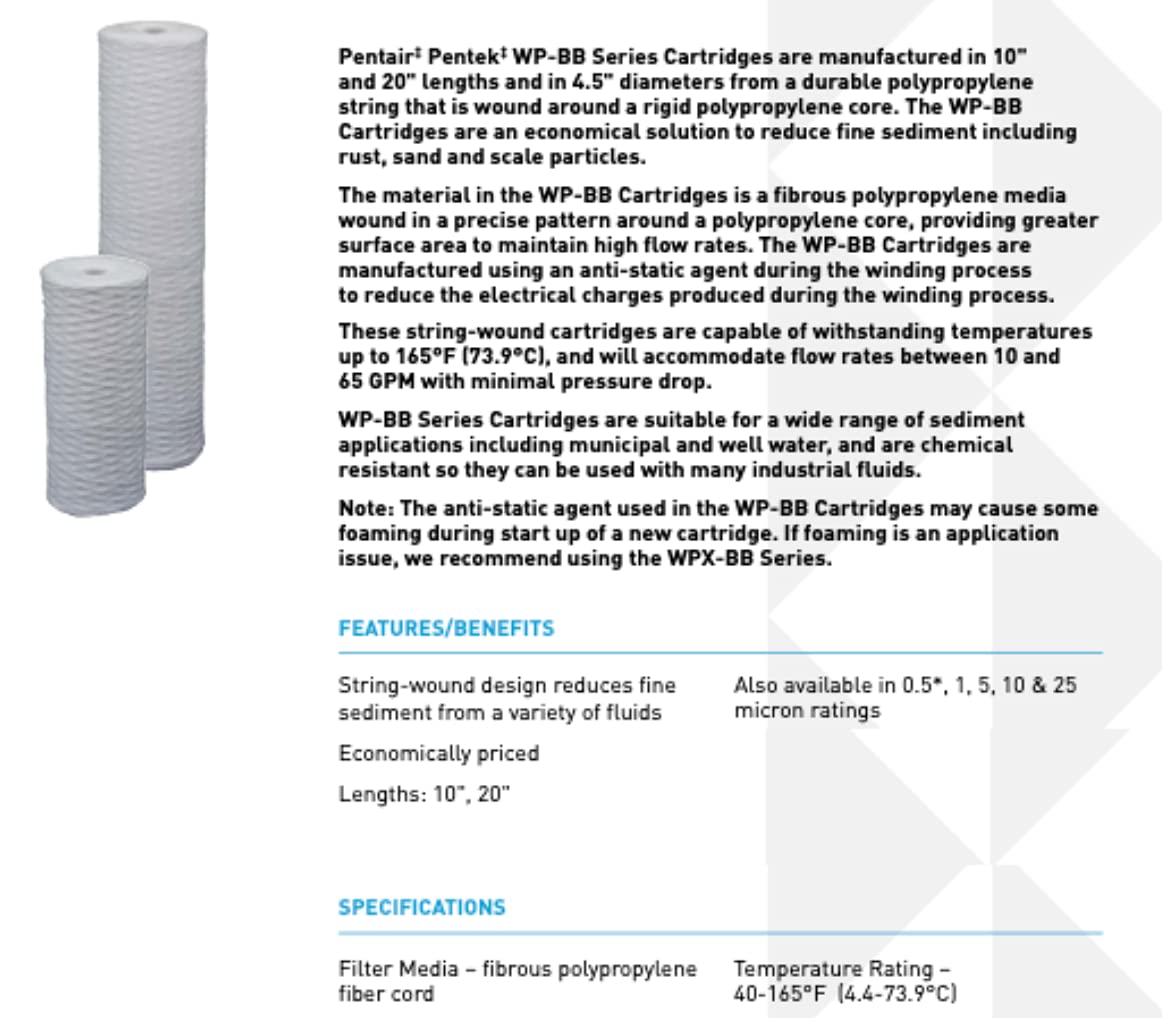 Pentek WP5BB97P string-wound filter media provides high dirt capacity and steady flow.