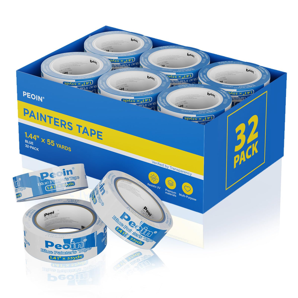 Peoin blue painters tape on wood edge delivers clean, precise lines.
