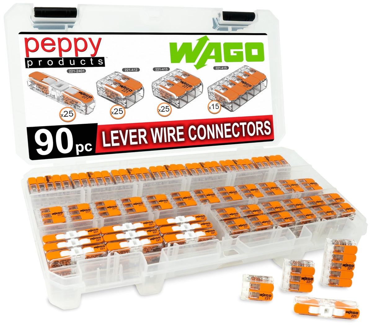 Peppy Products WAGO 221-2401 inline case view for quick, tidy two-conductor splices.